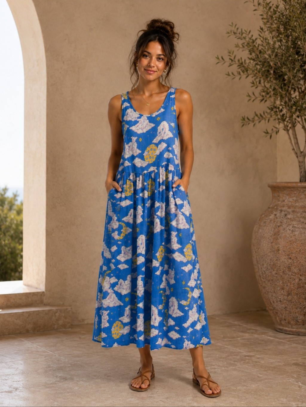 Nooworks Blue Cloud & Moon Print Sleeveless Dress
